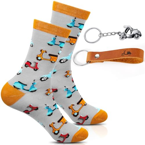 Otuuz 4 Stück Roller Geschenk Motorroller Schlüsselanhänger Leder Moped Motorrad Socken Roller Retro Metall Scooter Grußkarte Geburtstag Weihnachten für Herren Damen Motorrad Liebhaber
