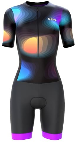 Sikma Dam halv ärm trisuit andningsbar mesh triathlon vadderad kostym med Hi Viz reflektion en bakficka och kraftband bengrepp trisuit, Flerfärgad, S