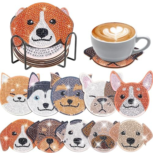 10 posavasos de pintura de diamantes con soporte, posavasos antideslizantes, juego de manualidades, regalo, pintura de diamante para manualidades, cachorro de pintura de diamantes, para principiantes