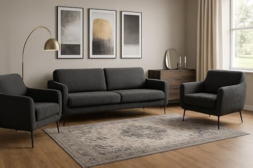 A&J MöbelLand GmbH Polstergarnitur Benito: 3-Sitzer Sofa + 2 Sessel – Wohnzimmer Set, modernes Design, Bonellfederkern, langlebige Qualität, Bezug in Dunkelgrau