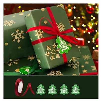 Geschenkpapier Weihnachten, Recyceltes Kraft Geschenkpapier große Blätter mit Band, Weihnachtskarte Anhängern, Weihnachtsgeschenkpapier geschenkpapier Grün weihnachten (Großes Grün)