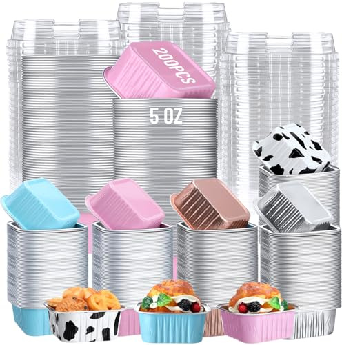 FoldTier 200 Pcs 5 oz Mini Cake Pan with Lid Aluminum Foil Square Baking Pan Disposable Brownie Baking Cup Muffin Tin Ramekin Dessert Cupcake Cup for Wedding Birthday Holiday Party(Bright,Multicolor)