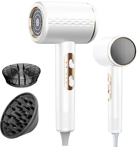 Secador de Pelo Ionico, 2400W Secador Portátil, Secado Rápido, 3 Temperaturas/2 Velocidades, 2 Concentradores y 1 Difusor, Secador de Pelo Ligero para Salón de Casa, Viajes, Mujeres, Niños (Blanco)