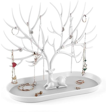 Antler Jewellery Stand,Tree Jewellery Organiser with Hanging Branches,Multi-Functional Jewelry Display Holder for Earrings,Necklaces,Rings and Bracelets,Compact White Design for Home Decor,White