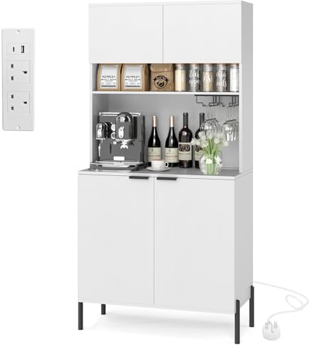 TANGZON Tall Kitchen Cupboard, 4-Door Wooden Storage Sideboard with Power Outlets, Adjustable Shelf, Glass Holder & Countertop, Freestanding Pantry Cabinet Organiser for Dining Living Room (White)