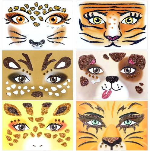 Löwen Tiger Giraffen Leopard Reh Gesichtstattoo Karneval Face Art Sticker,Whimzey 6 Stück Glitzer Giraffe Hund Leoparden Tattoo Gesicht,Aufkleber Gesicht Fasching,Pantomime,Kostüm Kinder Damen Zubehör
