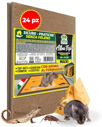 Albagarden - Trappola Per Topi Super Adesiva Professionale con Esca e con Aroma al Formaggio - Tavoletta con Colla Per Topi - Cattura Roditori, Talpe, Rettili, Ratti (24 Pz)