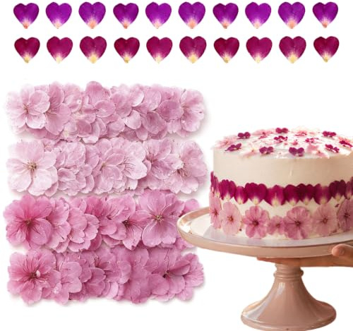 Floruvia 60 Getrocknete Blüten, Gepresste Kirschblüten Und Herzförmige Rosenblätter, Rosa Blütenmix Für Torten Deko, Resin Schmuck Und DIY Basteln