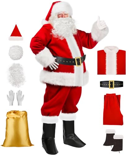 Santa Claus Costume for Men, 9PCS Christmas Santa Suit Adult Men Deluxe Velvet Professional Santa Suit Outfit
