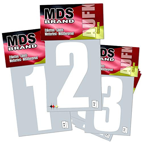 MDS Brand - Prime - 8cm Zahlen Aufkleber 0-9/pk Hausnummern zum aufkleben | Selbstklebende Klebezahlen wetterfest für Briefkasten, Mülltonne & Hausnummeren für Außen & Innen Weiss (0-9 Pack)