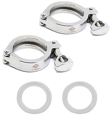QiiMii Stainless Steel 304 Heavy Duty Sanitary Clamp Single Pin Tri Clover 2 inch with 1 pc Silicone Gasket, 2 Pack