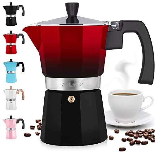 Zulay Kitchen Stovetop Espresso Maker - Moka Pot 3 Espresso Cups - Percolator Coffee Maker for Classic Cuban & Italian Style Espresso - Portable Coffee Maker for Camping & Travel - (Red/Black)