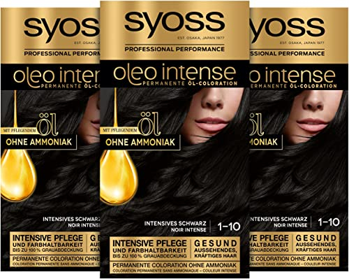 Syoss Oleo Intense Öl-Coloration 1-10 Intensives Schwarz Stufe 3 (3 x 115 ml), dauerhafte Haarfarbe mit pflegendem Öl, Coloration ohne Ammoniak