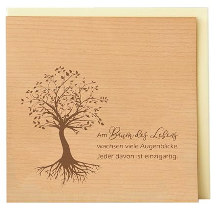 Original Holzgrusskarte - Motiv Baum des Lebens - tiefe Wurzeln aus Kirschholz, Geschenkkarte, Grußkarte, Postkarte, Spruchkarte, Klappkarte, Einladung, Billet