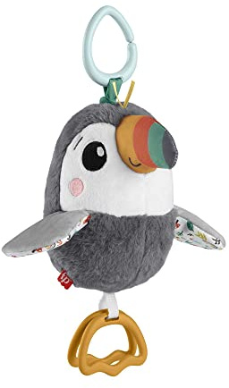 Fisher-Price - Tucano Vola con Me, peluche sensoriale frusciante, fa clac clac e ali che si muovono, per il passeggino dei neonati, giocattolo per bambini, 0+ anni, HNX66