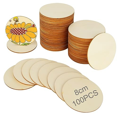 SENENQU 100 Pezzi Dischi Legno per Sottobicchieri Legno, Cerchi Rotondi 8 cm, Pannelli Grezzi 2,5 mm per Pirogravura, Pittura, Artigianato Creativo e Decorazioni Fai da Te