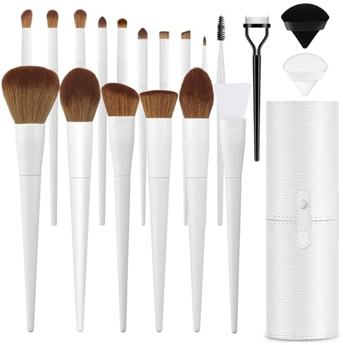 LUXBRU Makeup Brushes With Case 20PCs Professional Makeup Brush Set, Foundation Powder Eyeshadow Brush Set Eyebrow Concealer Contour Travel Brushes Kit with Holder & 2 Powder Puff-White