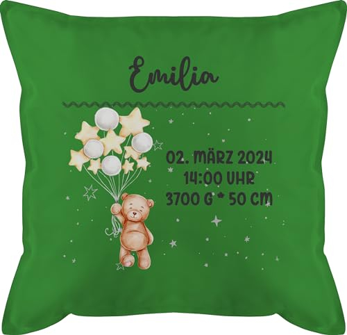 Kissen 50x50 - Geburtsgeschenk Teddy Bär Datum Uhrzeit Gewicht Größe I Geschenk zur Geburt personalisiert - 50 x 50 cm - Grün - personalisierte Geschenke Baby geburtskissen neugeboren