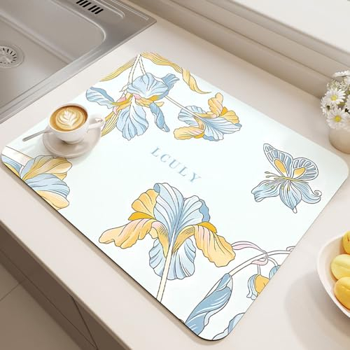 Hixingo Súper Absorbente Bayeta Escurreplatos, Antideslizante Dish Drying Mat Estampado de Mariposa Flor Alfombra Escurreplatos，Diatomita Alfombrilla Cafetera (40x50cm,Flor Amarilla)