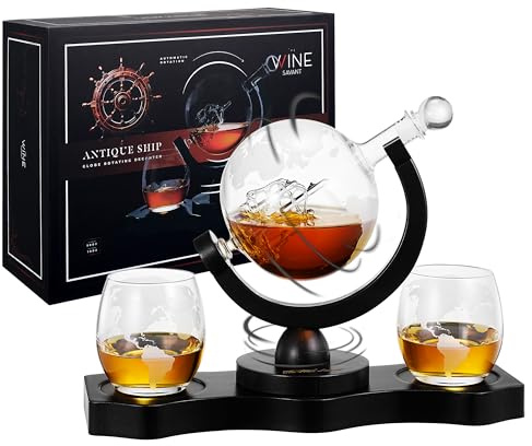 Rotating Whiskey Decanter Globe Set with 2 10OZ Etched Whiskey Glasses | 29 OZ | Moving Interactive World Globe, Gifts for Men Dad, Anniversary for Liquor Scotch Bourbon - Batteries NOT Included
