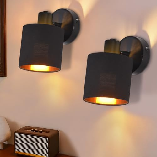Glitzerlife Wandleuchte Innen Wandstrahler Vintage 2ER Schwarz Wandlampe | Wandspot Retro E14 Schwenkbar Wandbeleuchtung Wand Lampen Industrial Stoffschrim MAX.40W für flur Küche ohne Leuchtmittel