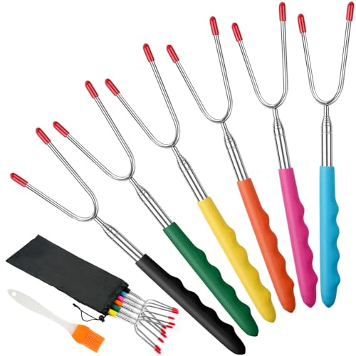 OFFCUP Grillspieße Teleskop, 6 Stücke Lagerfeuer Grillgabel Edelstahl, Lagerfeuerspieße Ausziehbar 87cm Lange Marshmallow Bräter Lagerfeuer Camping Sticks für Camping Grill Gartenparty, Grillparty
