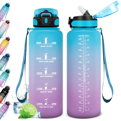 KollyKolla Trinkflasche 1.5 Liter, Große Trinkflasche Sport mit Strohhalm, Wasserflasche Auslaufsicher, Sportflasche Kohlensäure Geeignet, Sportflasche mit Zeitmarkierungen, flasche für Erwachsener