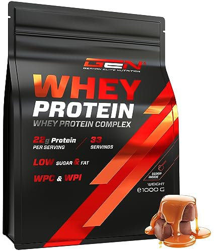 Whey Protein Pulver - 1000 g (Schokolade Karamell) - Mit Isolate Anteil - Instant lösliches Eiweiss Protein Pulver mit BCAA & EAA - German Elite Nutrition