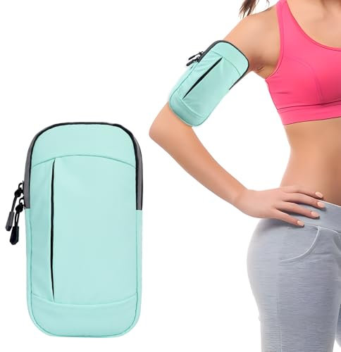 Running Phone Holder Armband with Zipper Pockets, Water Resistant Universal Exercise Double Pocket Arm Phone Holder Fits All Devices Up To 6.7”, Running Accessories for Adult Women & Men (Green)