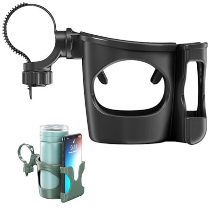 KM-Becherhalter für Kinderwagen Buggy, Fahrrad Universal 2 in 1 Getränkehalter mit Telefonhalter,Cupholder,Kaffeehalter Trinkflaschenhalter für Trolleys Mountainbikes und Rollstuhl (Schwarz)