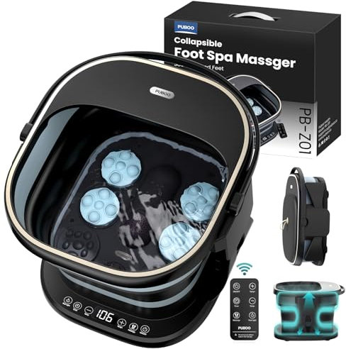 Puboo Collapsible Foot Spa Bath Massager with Heat Foot Soaking Tub Pedicure Foot Spa, Support Rods, Red Light, Motorized 16 Massage Balls, Wireless Remote, Black Gift Box, Up to Men US-11.5