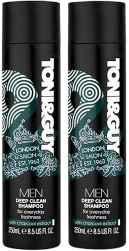 Toni & Guy Men Deep Clean Shampoo with Charcoal Extract, 250ml–Premium Deep Cleansing Formula for Everyday Freshness, Purifying and Revitalizing Hair Care Pack of 2