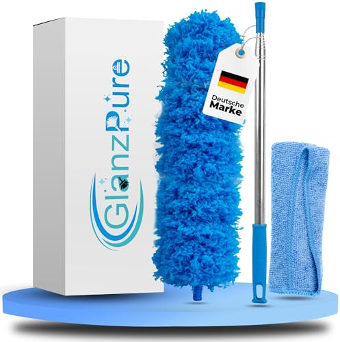 GlanzPure Staubwedel Teleskop-lang ausziehbar bis 2,5m und waschbar,biegbarer und kratzfreier Staubwischer mit Teleskopstange,Spinnenwebenentferner für hohe Decken,Mikrofasern Staubmagnet