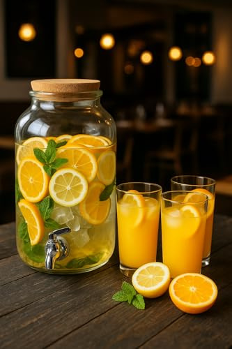 Drinks Dispenser with Tap - 5.5L Glass Drink Jar with Tap, Cork Lid, Handle - for Cold Beverages, Water, Parties