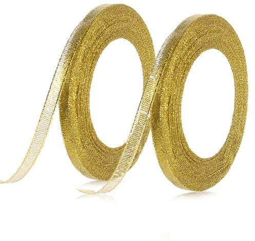 Thinp 2 Rolle Geschenkband,Goldenes Geschenk Band,Organza Band,Schleifenband,Glitzer Dekoband,Deko Satinband, Geschenkbänder für Geschenk Verpackung Hochzeiten Taufe Geburtstage Festdeko DIY Basteln