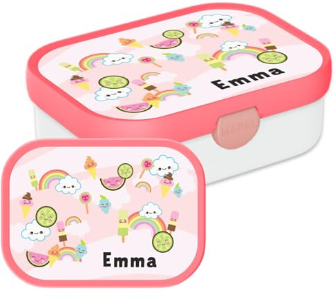 Mepal Campus Lunchbox mit Namen Regenbogen – 750 ml – Süße Regenbogen | Personalisierte Bento Brotdose mit Namen für Kinder – Bento-Einsatz & Gabel – Clip-Verschluss – Spülmaschinenfest