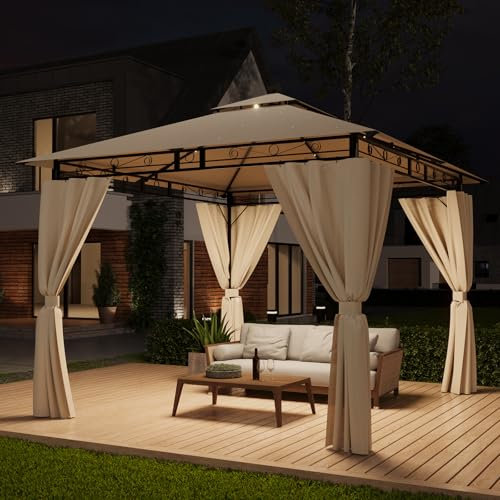 TRIUMPHKEY Pavillon 3x3 Wasserdicht Stabil Winterfest, Garten Pavillion mit seitenwänden, UV-Schutz 50+, Plane Gartenlaube, Metallrahmen Pavillon, Patio Gazebo, Beige