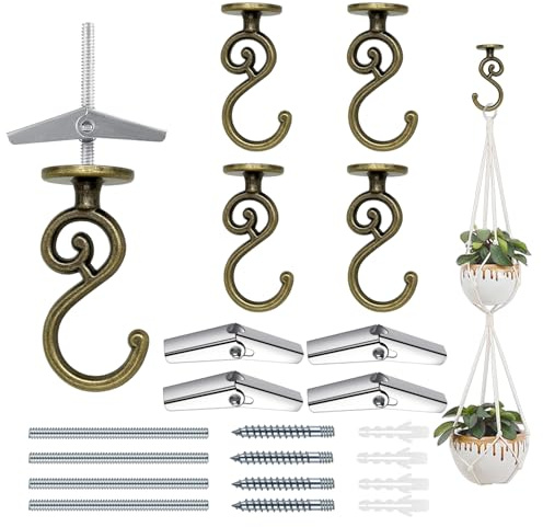 Evsteluo S-Shaped Heavy Duty Ceiling Hook,for Wood, Concrete & Drywall, for Hanging Home Decor, Plants, and More, 40lb Max Load (4, Antique Brass)