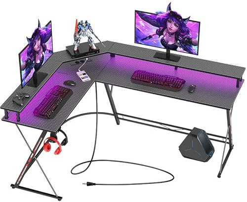 SEVEN WARRIOR Bureau Gaming en L avec LED, Prise et Ports USB, Bureau d’Angle avec Support Écran, Table Gamer pour Chambre, Noir Carbone, 147 cm