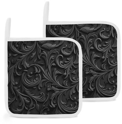 Confezione da 2 presine nere resistenti al calore, spesse, con passanti per appenderle, antiscivolo, facili da pulire, piccoli cuscinetti caldi per cucina, cottura, barbecue, 20,3 x 20,3 cm