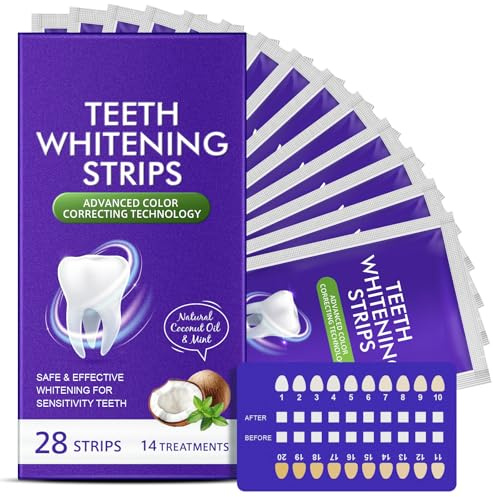 Purple Whitening Strips, 28 Piece Tooth Whitening Pack for 14 Treatments, 30 Minutes Fast Results, Non-Sensitive Formula, Safe & Non-Slip for All
