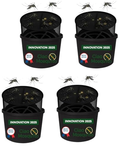 Ciao Mosquito® x4 – Pièges Anti-Larves Moustique Tigre | Écologique, sans Insecticide | Innovation française 2025 brevetée | Seaux + flotteurs + Filets | Pack 4 Zones extérieures