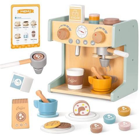 OOOK Kaffeemaschine Kinder Holz, 28 Teile Kinder Kaffeemaschine mit Sound, Kinderküche Zubehör Spielzeug Kaffeeservice für Mädchen und Jungen ab 3 Jahre