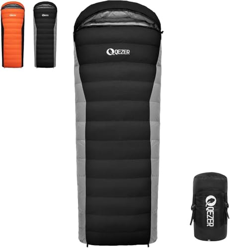 QEZER Daunenschlafsack, Winterschlafsack, 600FP+ Premium-Daunen, 12°C bis -24°C, leicht und warm für 3-4 Jahreszeiten, Camping, Wandern und Outdoor-Trekking (Schwarz 0℃)