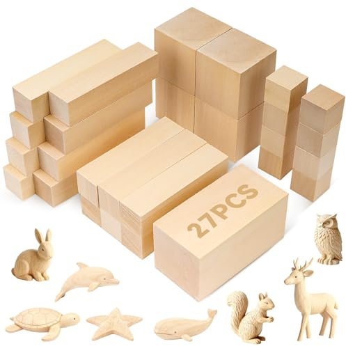 Blocchi di legno per intaglio - 27 pezzi, set di strumenti per intaglio in legno con 4 diverse dimensioni, legno di bosso morbido, motivi e per opere d'arte funzionali per bambini, principianti e