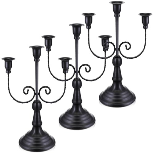 Dandat 3 Pcs 3 Arm Metal Candelabra Candlestick Holders Tall Candlestick Holders Gothic Candle Holder for Home Wedding Church Christmas Party(Retro,11.8 Inch,Black)