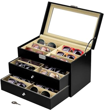 GREENSAPPIRE Brillenbox Eleganter Brillenkoffer aus Kunstleder mit Sichtfenster, Aufbewahrungsbox für Sonnenbrillen & Brillen,Schmuck&Accessoires (Schwarz, 3 Stock, Einheitsgröße)