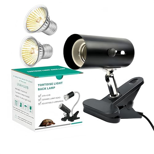 PetFizz Tortoise Basking Spot Heat Lamp Holder, Reptile UVB Heat Lamp Clamp Stand(with 50W 2Pack Bulb), UVA UVB Basking Light Fixture Holder for Tortoise, Beared Dragon, Lizard, Snake, Size S
