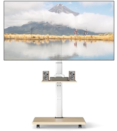 TANGZON Mobile TV Stand on Wheels, Rolling Floor TV Mount Cart with Media Shelf, Tilt Height Adjustable, Cable Management for 32-75in LED/LCD/OLED TVs, Holds 50kg, Max VESA 600x400mm (Natural + White)