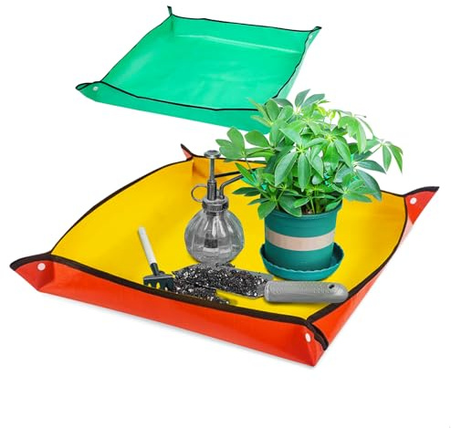 Faltbare Pflanzmatte Set, 2 Stück wasserdichte Umtopfmatte 100x100cm + 48x48cm mit Anti-Verschütten-Design für Umtopfen, Bonsai & Zimmerpflanzen, Grün & Gelb